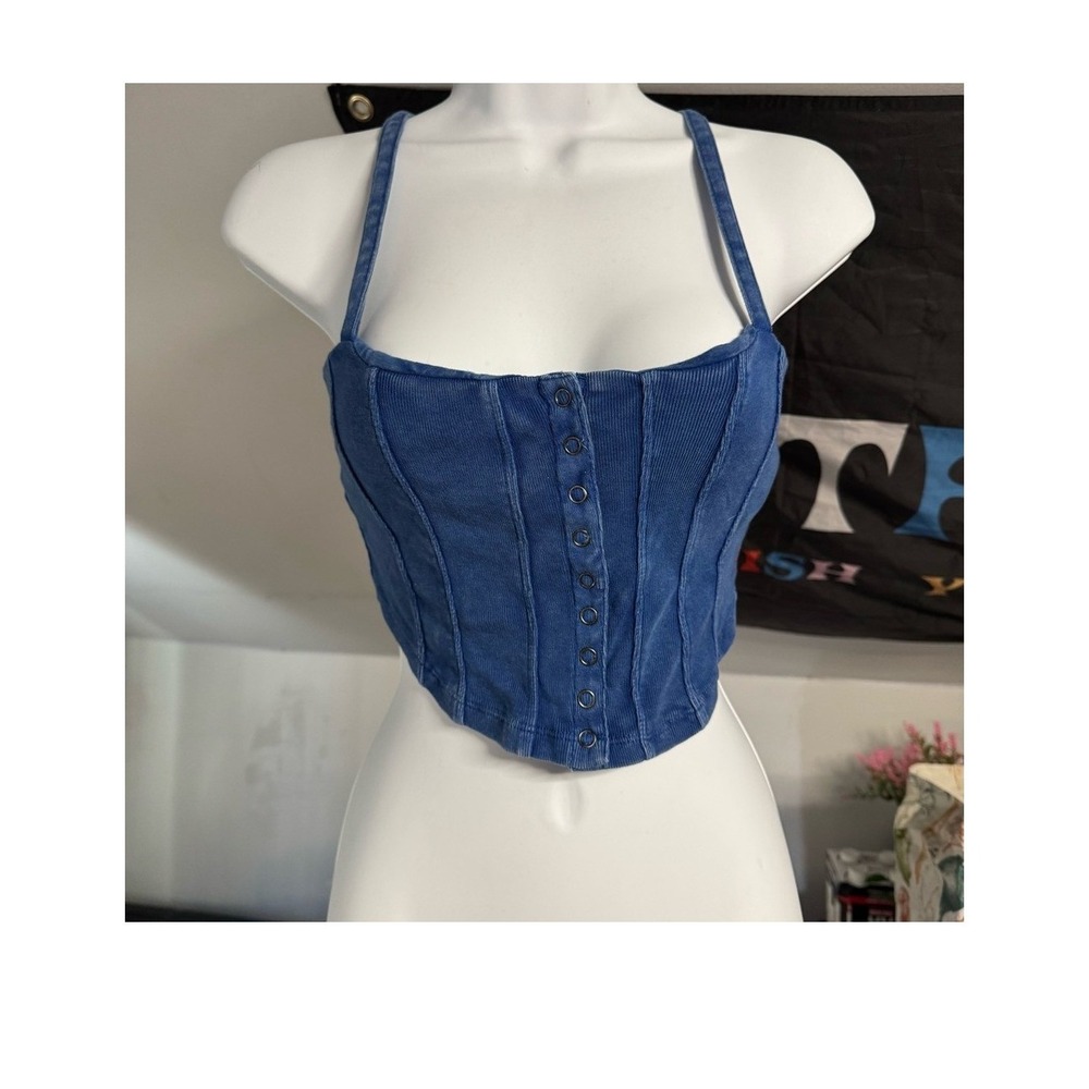 Urban Outfitters Womens Blue Ribbed Corset Crop Top Snap Button Cami Small - Picture 1 of 3